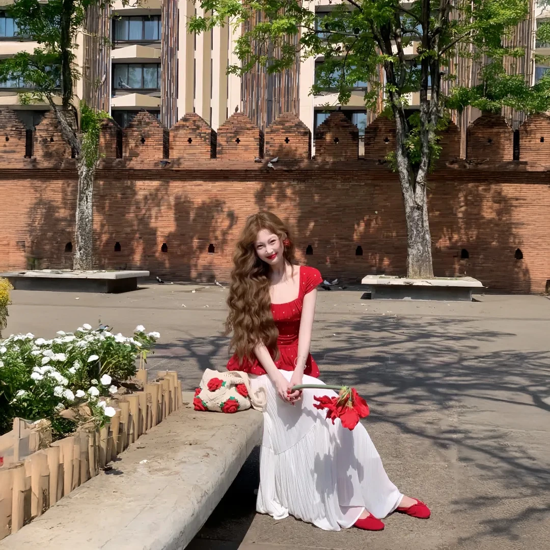 B506+B507夏季韩系甜美风波点上衣高腰显瘦半身裙气质减龄两件套