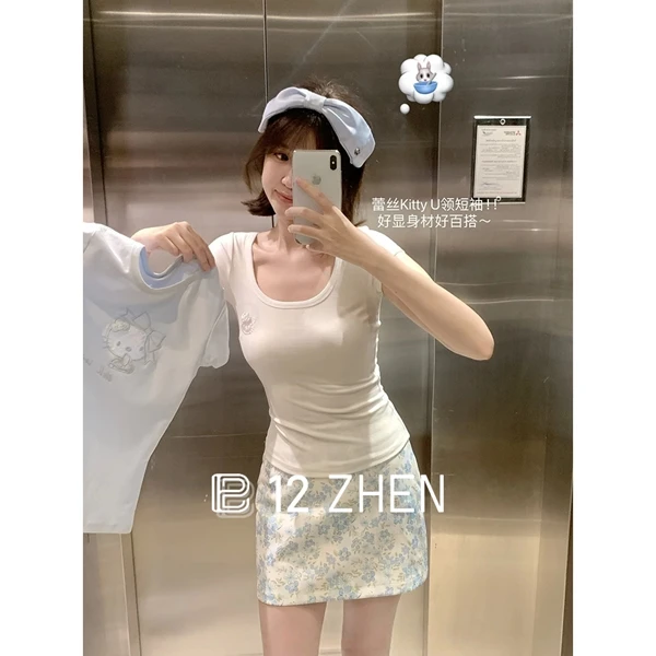 2025夏季韩版纯欲圆领前后镂空减龄设计感百搭纯色短袖T恤上衣