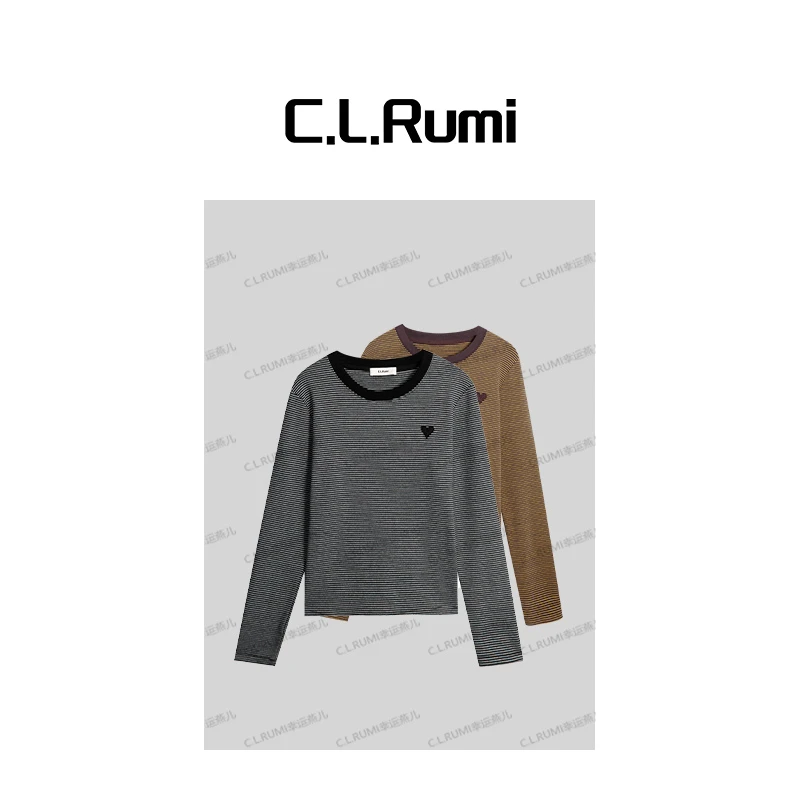 【燕子甄选】“韵律“休闲百搭秋季显瘦撞色条纹爱心长袖上衣6178sy