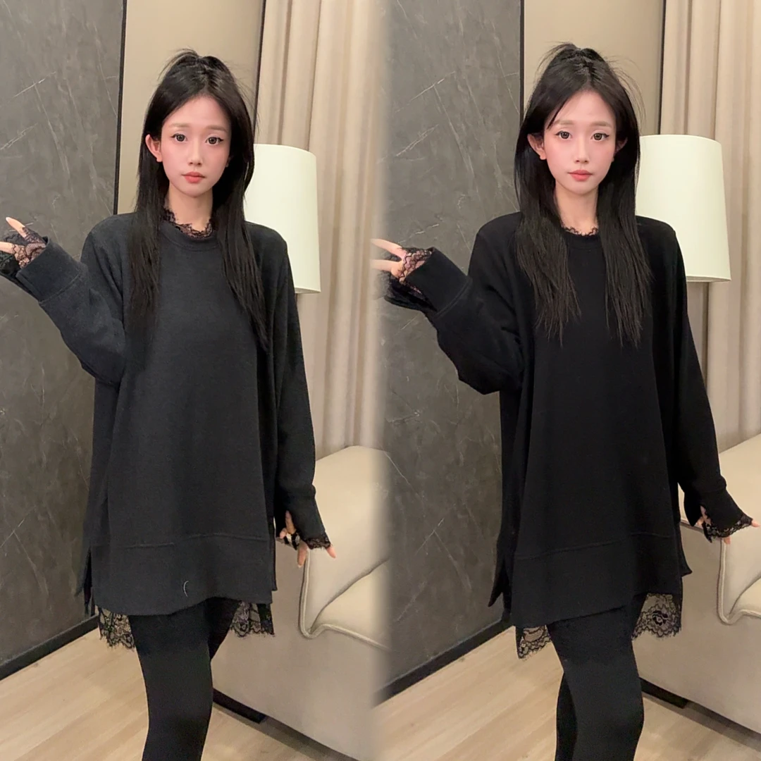 冬季简约百搭宽松蕾丝拼接中长款圆领上衣T恤#25516