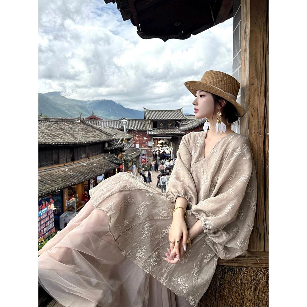 新中式女装国风禅意高级感清冷感连衣裙女夏季漂亮小众碎花长裙子