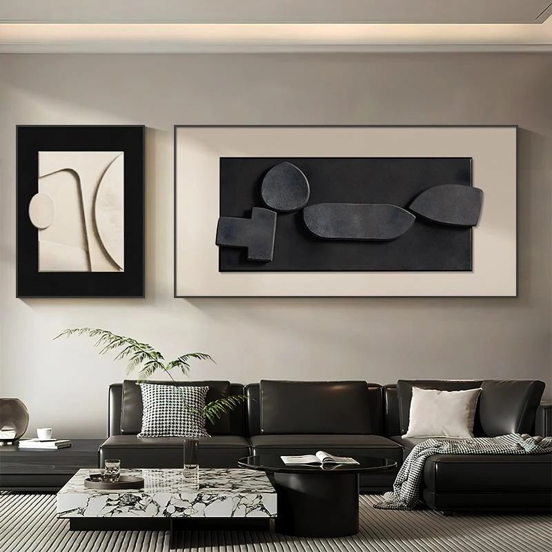 现代简约客厅装饰画黑白抽象沙发背景墙挂画高级大气双联组合壁画