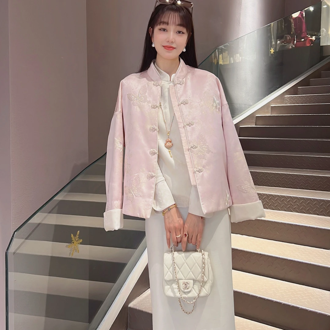 《七七定制》【粉蝶】冬季新中式国风立领温婉气质加棉加厚棉服7051