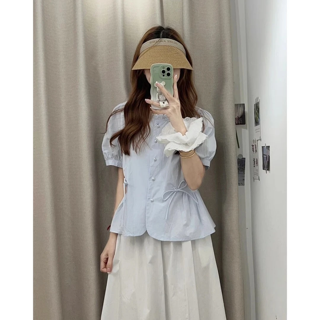 夏季女装mm短袖大码衬衫2025绑带新款遮肚设计上衣显瘦衬衣女