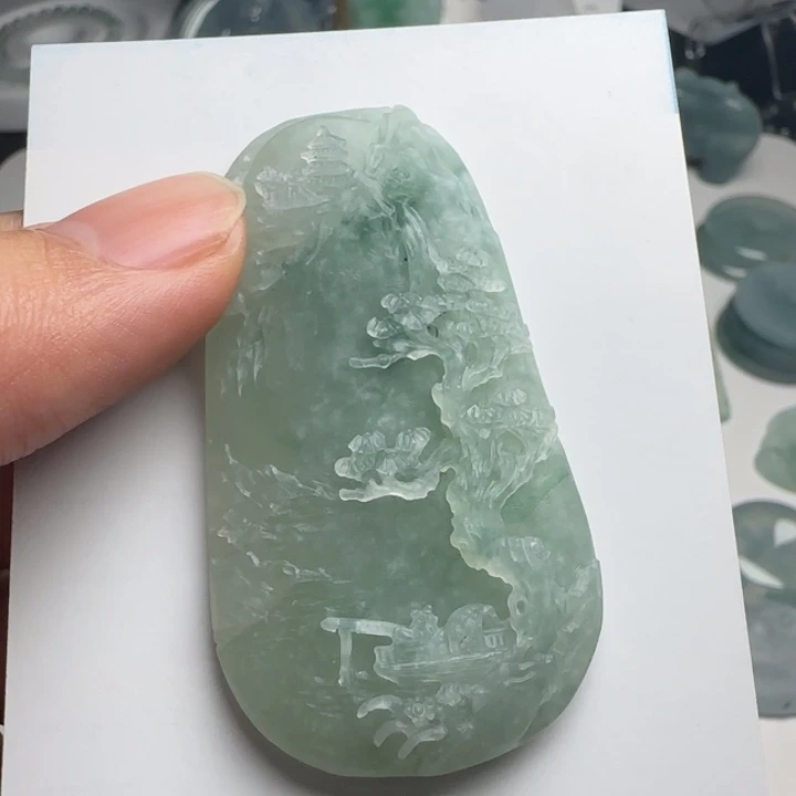 定制翡翠未镶嵌天然缅甸翡翠山水牌