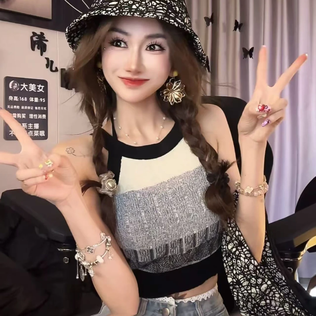 复古修身露脐上衣辣妹撞色条纹针织无袖吊带性感短款背心