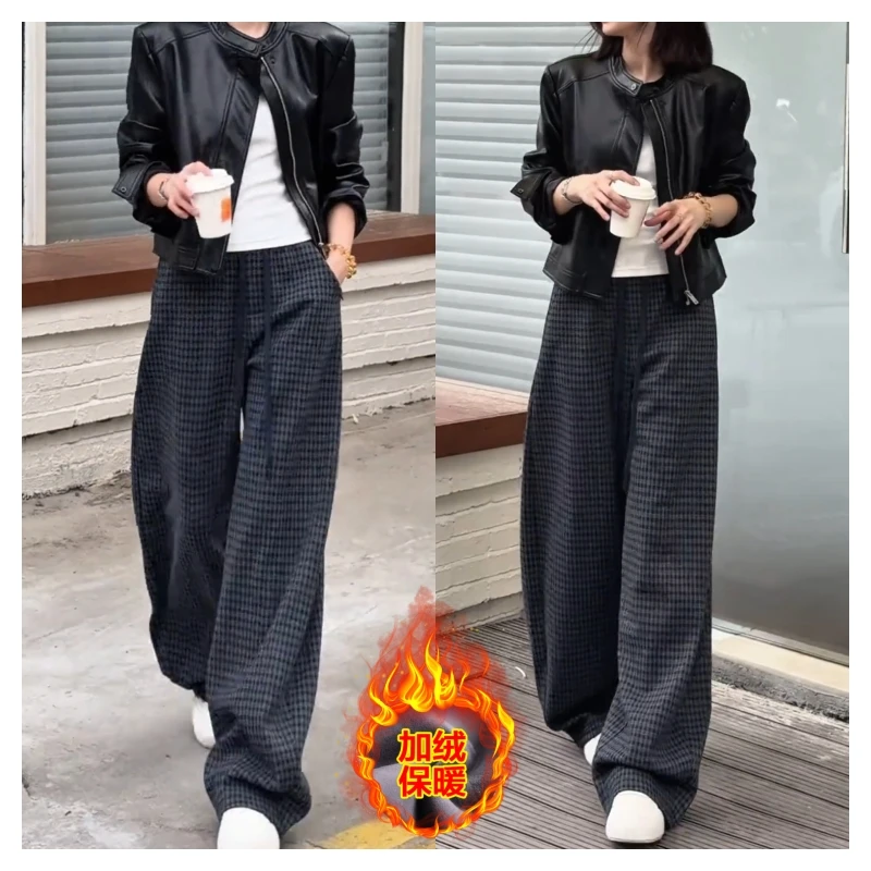 藏青色加厚格子秋冬新款高级宽松慵懒直筒裤腿裤子弯刀