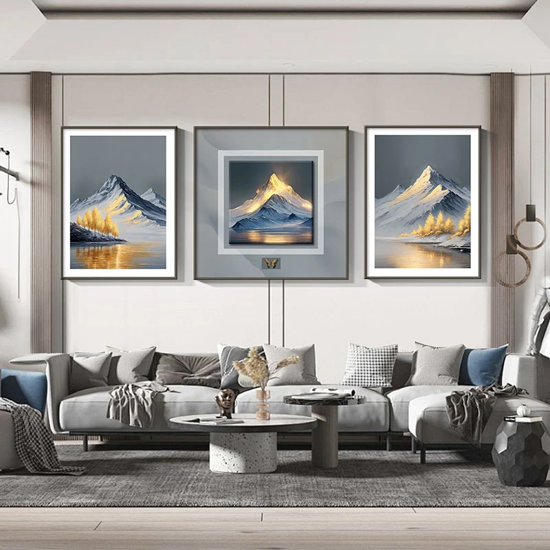 现代轻奢客厅装饰画微雕铝合金3d立体画金山沙发背景墙挂画三联画