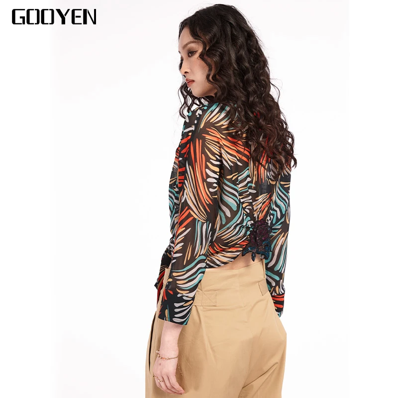 Gooyen|古源[流光烟火] 设计师款 印花长袖高腰系带衬衫上衣