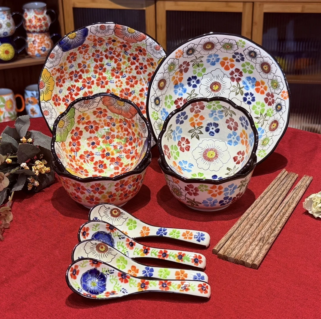 漫花嫣红+绿野仙踪碗盘套装（14件套）手绘米饭碗菜盘子勺子筷子
