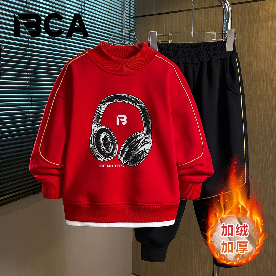 BCA【冠军代言】中大童秋冬加绒男童套装假两件S-014+GN-7印花男童