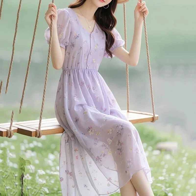 夏季海边度假超好看气质连衣裙女装紫色碎花雪纺短袖中长款裙子