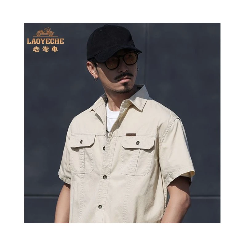 老爷车潮款短袖衬衫休闲衣夏季男士时尚百搭清凉透气棉柔软衬衫