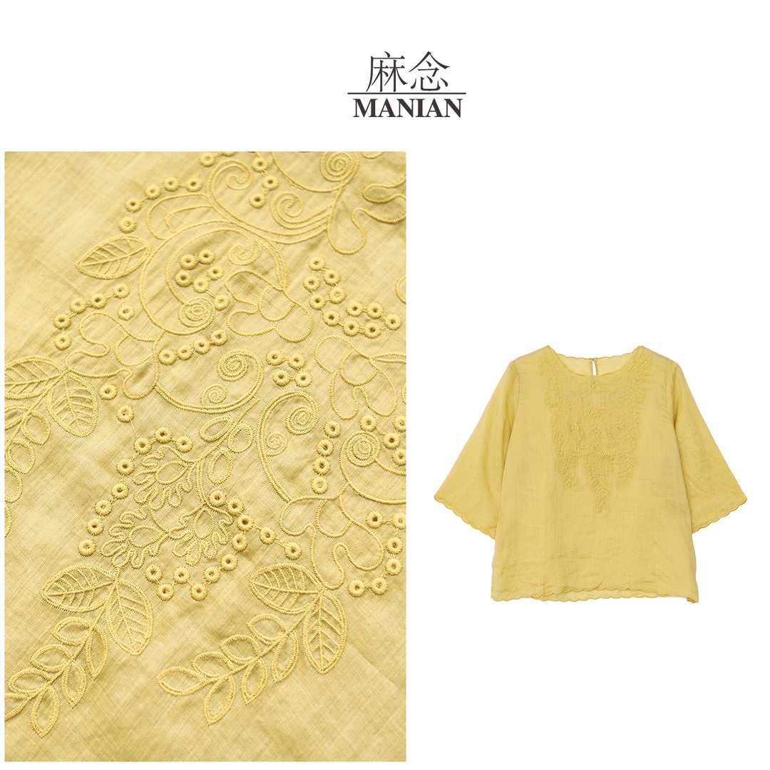 【麻念】衣长60 100%苎麻夏款时尚宽松简约纯色刺绣T恤女M775