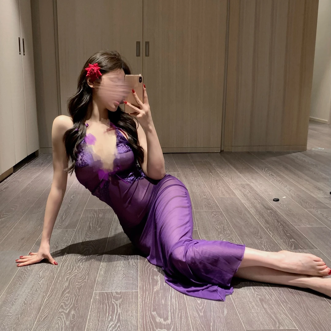 性感网纱蕾丝紫色连衣裙纯欲修身显瘦40
