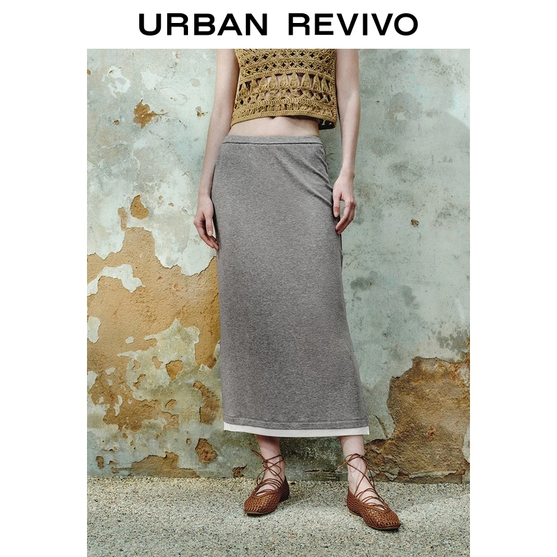 UR2025夏季新款女装格雷系休闲撞色拼接直筒半裙UWM550024