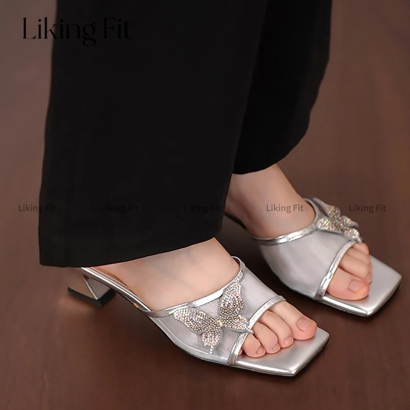 Liking Fit2025夏季新款小拖鞋粗跟时尚网纱凉拖鞋女水钻蝴蝶结