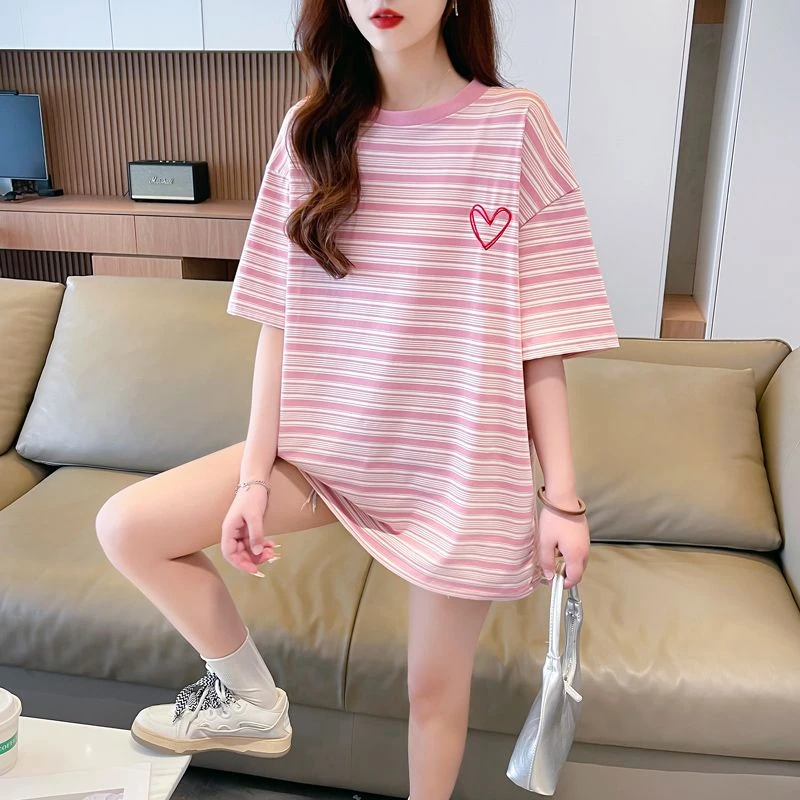 洋气衣服女夏季条纹短袖女款爆款2025新款宽松大版t恤刺绣ins韩版