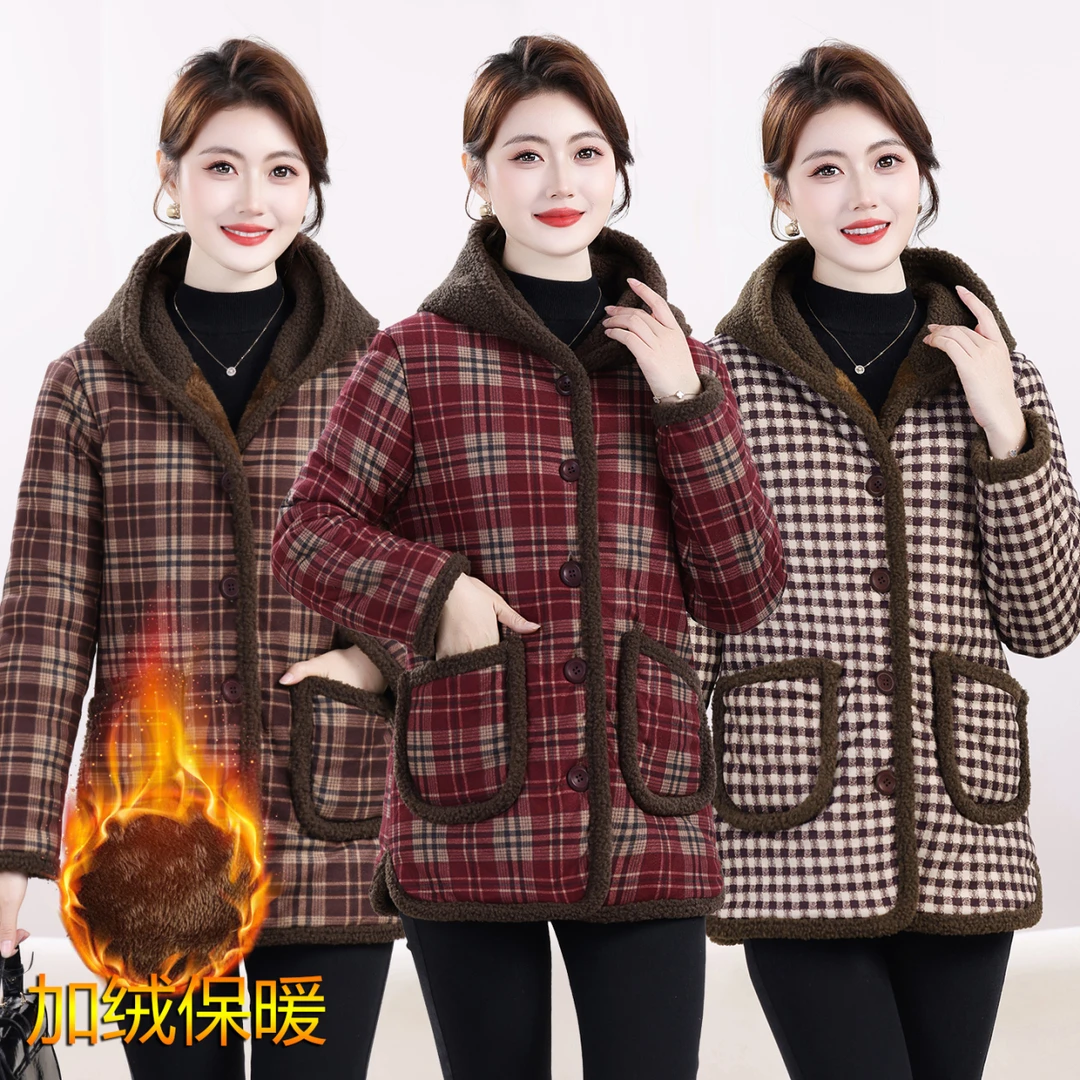加绒中老年女装中老年加厚格子棉袄宽松冬季中老年气质大码妈妈装