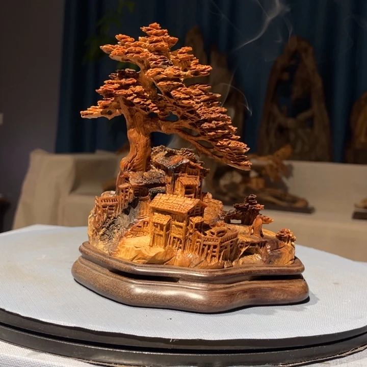 柏木（崖柏）山里人家香炉摆件