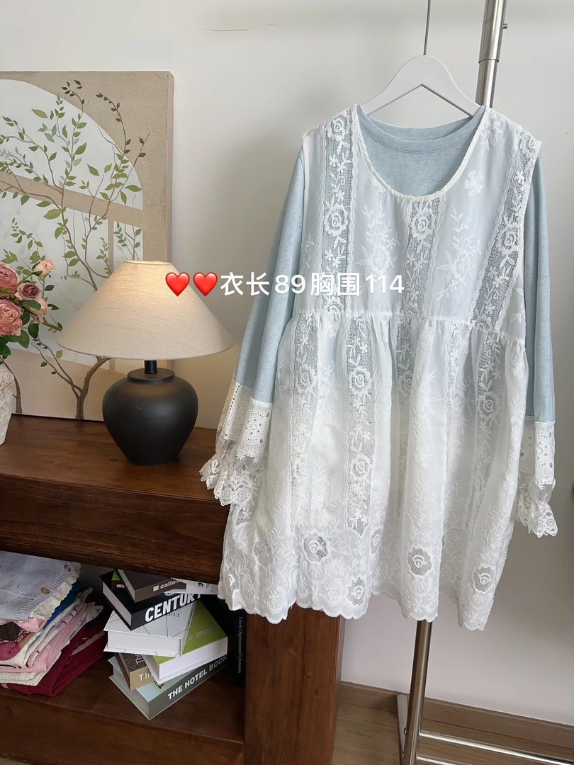 可衣-【白月光】森系新款拼蕾丝花朵刺绣背心裙白色宽松甜美