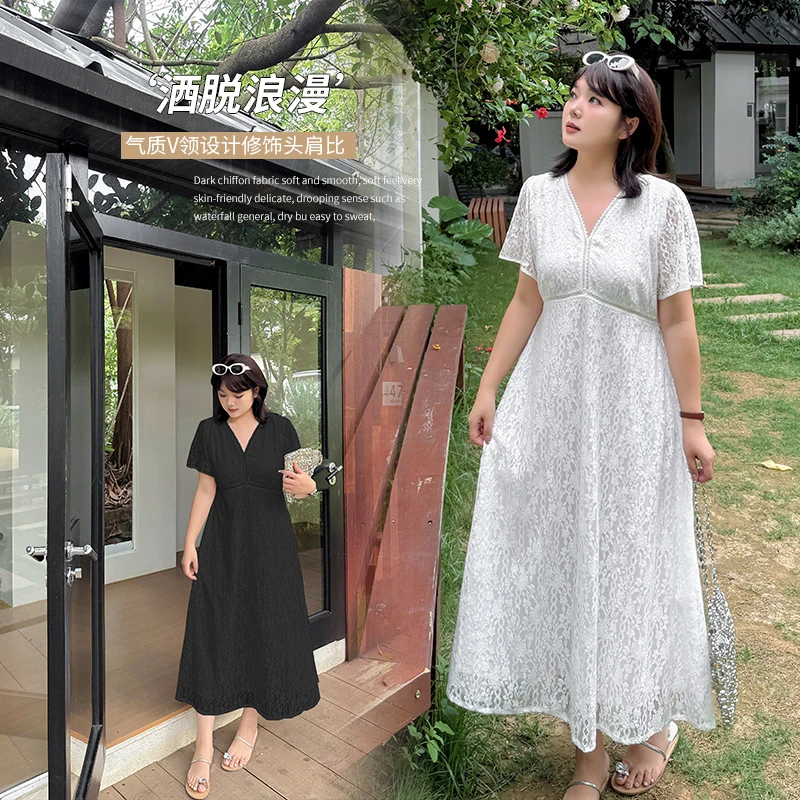 大码女装胖mm法式V领蕾丝刺绣镂空连衣裙女夏气质显瘦遮肉长裙子