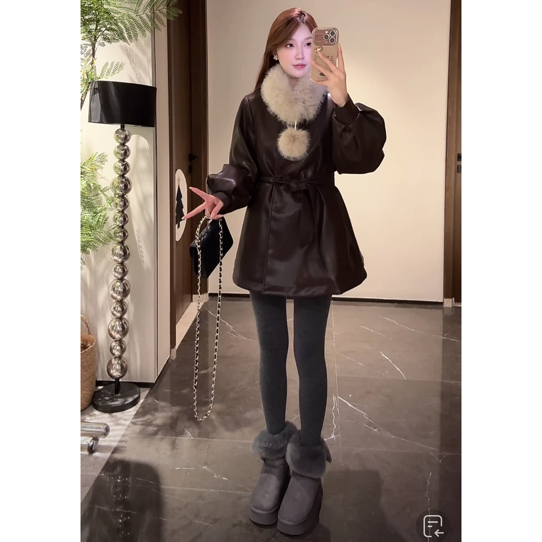 茶茶穿搭配专属羽绒内胆黑色皮衣羽绒服毛领外套暖高级感【送毛领】