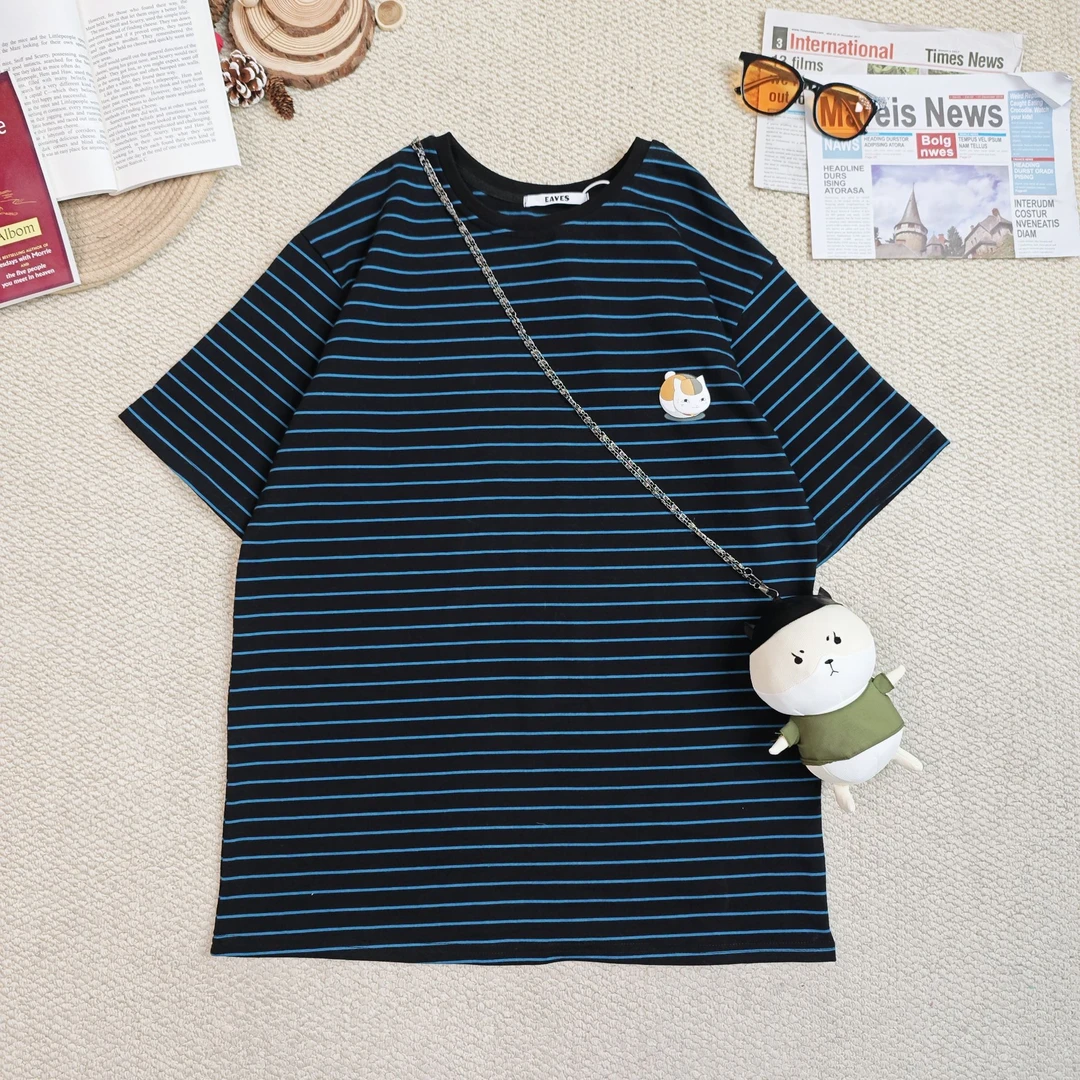 2025春季新款宽松百搭配单肩包两件套条纹短袖T恤0201
