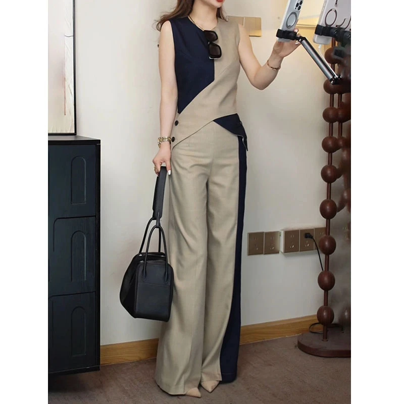 夏季新款轻熟风气质不对称撞色V领无袖上衣女高腰长裤套装两件套