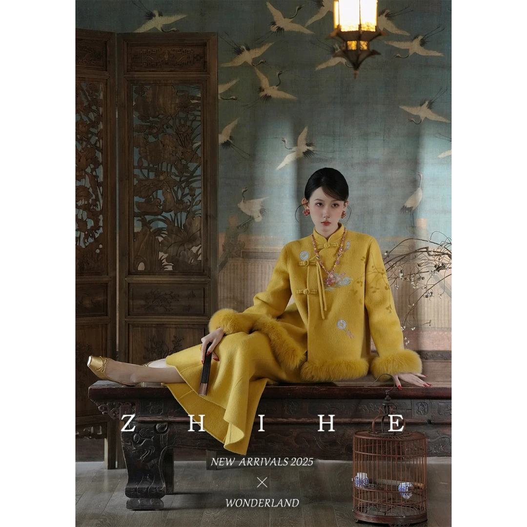 无艳一禾【福气加马】重工蚕丝绵羊毛刺绣双面呢大衣+鱼尾半裙