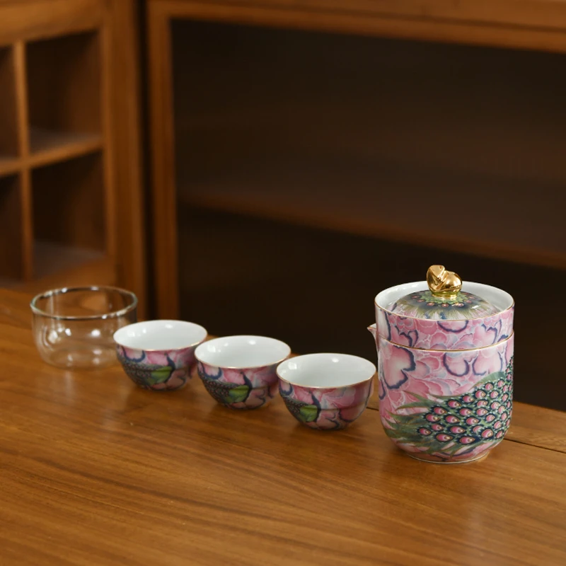 孔雀 便携式旅行泡茶套装功夫茶具户外一壶三杯手抓壶快客杯车载