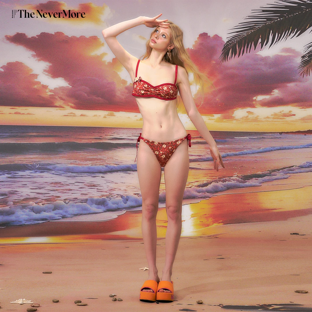 TheNeverMore「落日熔金」沙滩度假泳衣绑带比基尼辣妹分体套装