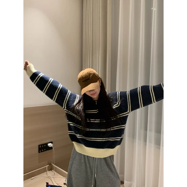 ONNI条纹毛衣polo领半拉链女撞色针织衫套头上衣厚叠穿#0733