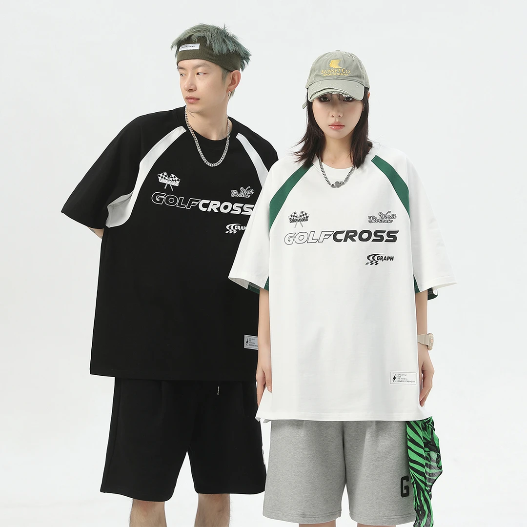 GOLFCROSS学院风拼接撞色字母logo印花t恤插肩圆领短袖T恤情侣款