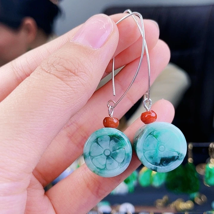 翡翠耳饰银S925镶嵌饰品