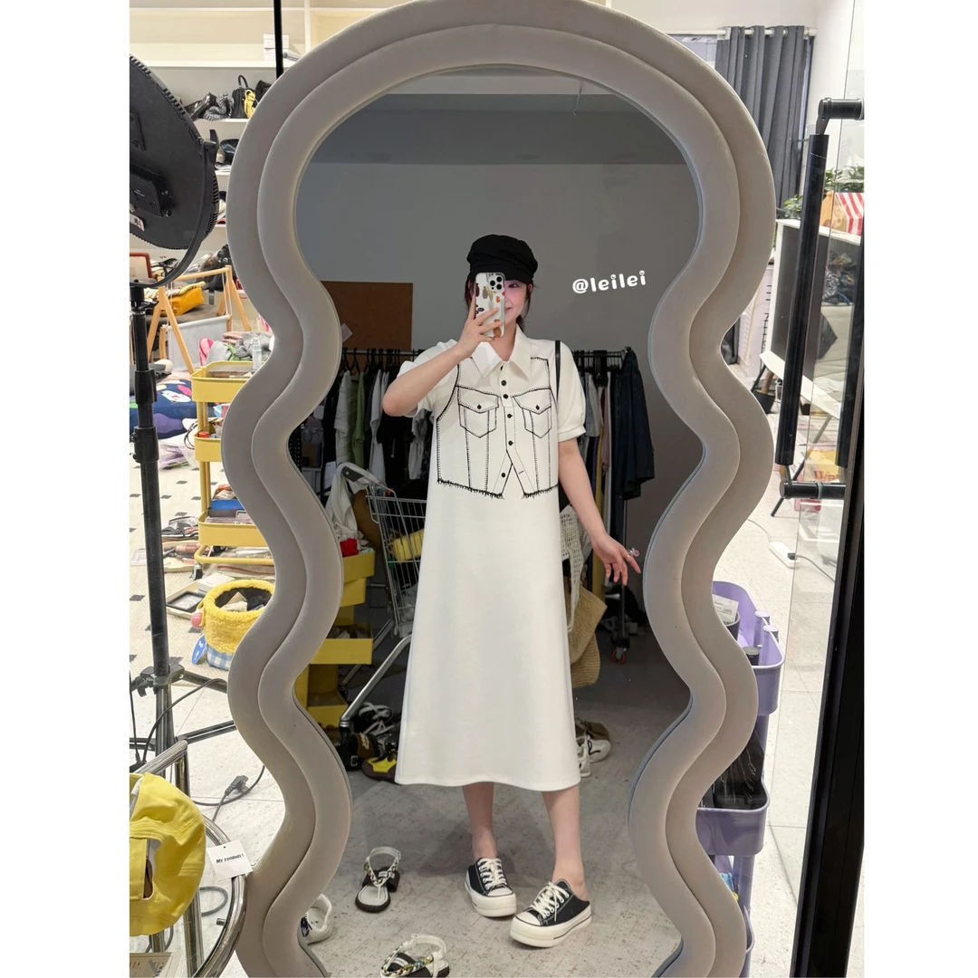 晶咕【慵懒界线】设计感撞色马甲假两件polo领短袖连衣裙