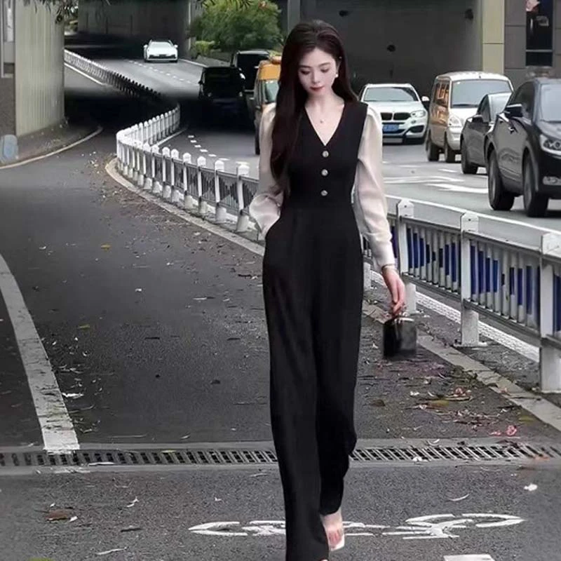 连衣裤女2025春秋新款垂感黑色阔腿修身显瘦高腰JT0012