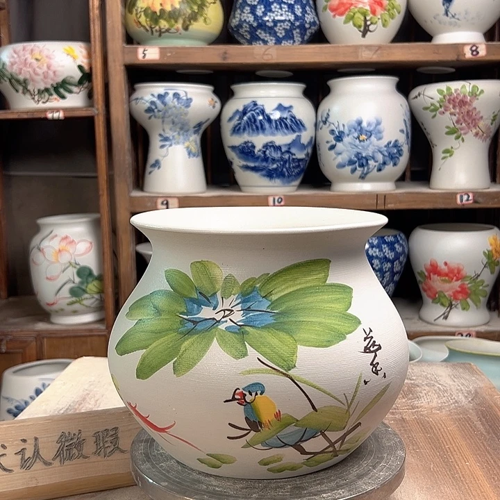 陶钱袋子荷花鸟新款新款陶瓷