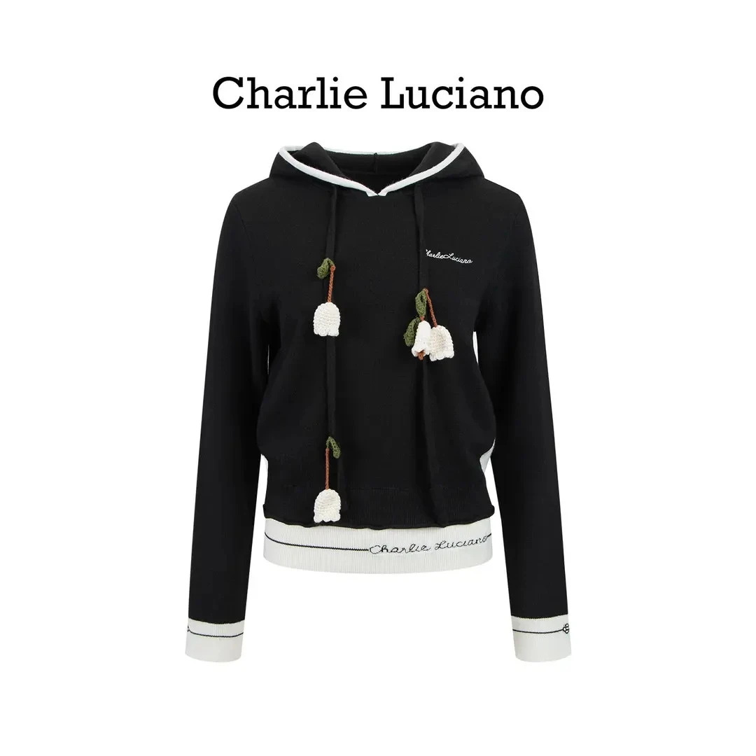 Charlie Luciano2025秋冬上新铃兰帽绳撞色针织卫衣休闲百搭