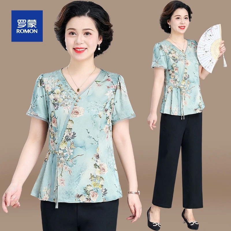 妈妈夏装套装中老年女装夏季国风小衫上衣贵夫人短袖香云两件套