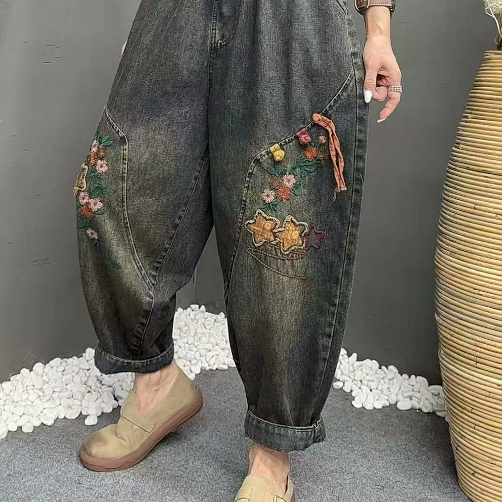 8165秋款重工刺绣牛仔哈伦裤