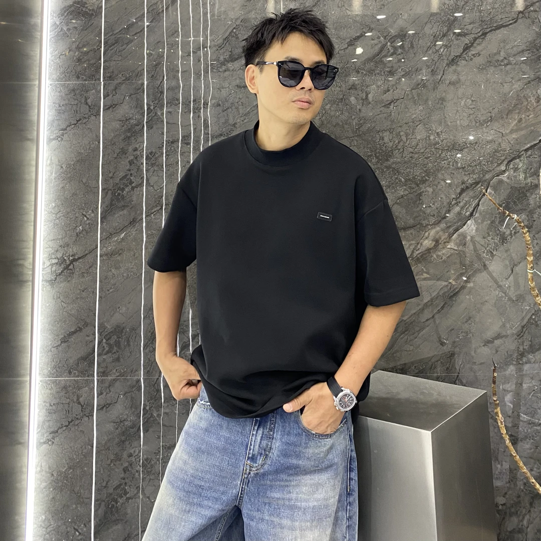 秋季半高领针织领口拼接开衩重磅宽松弹力短袖T恤痞帅百搭厚半袖