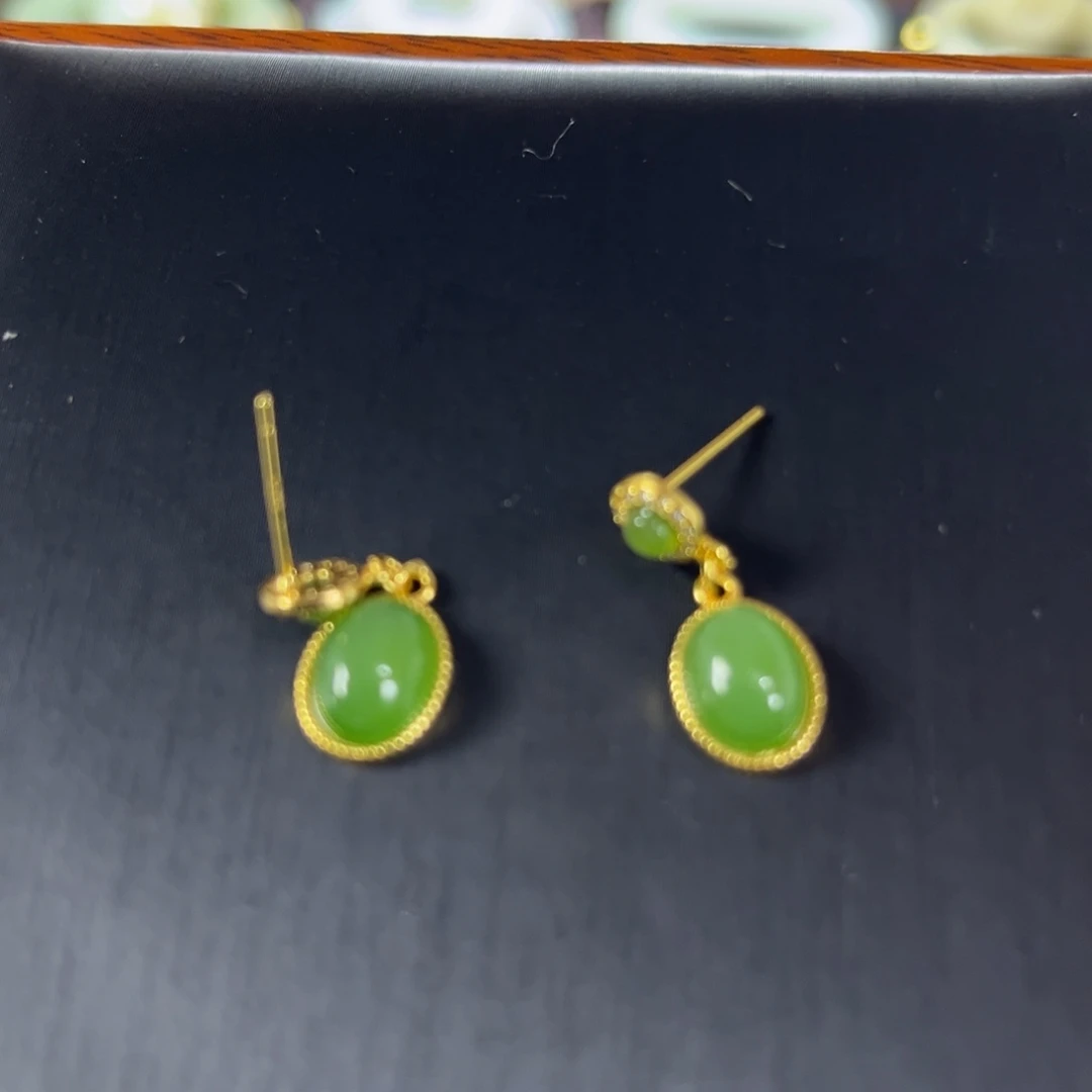 和田玉（碧玉）银S925镶嵌耳饰