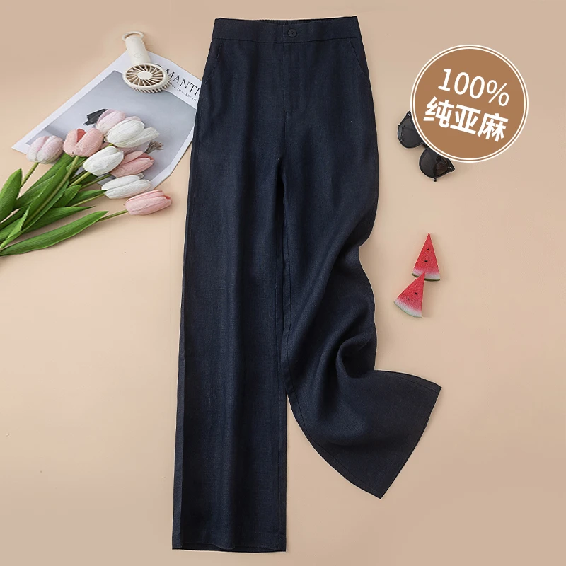 纯亚麻阔腿裤女裤女2025年春夏新款高腰显瘦藏青色九分长裤亚麻裤