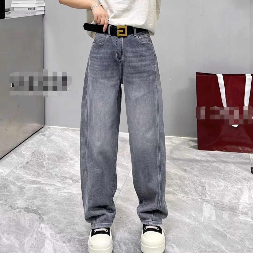 春秋款时尚潮流显瘦高腰水洗做旧弯刀牛仔裤