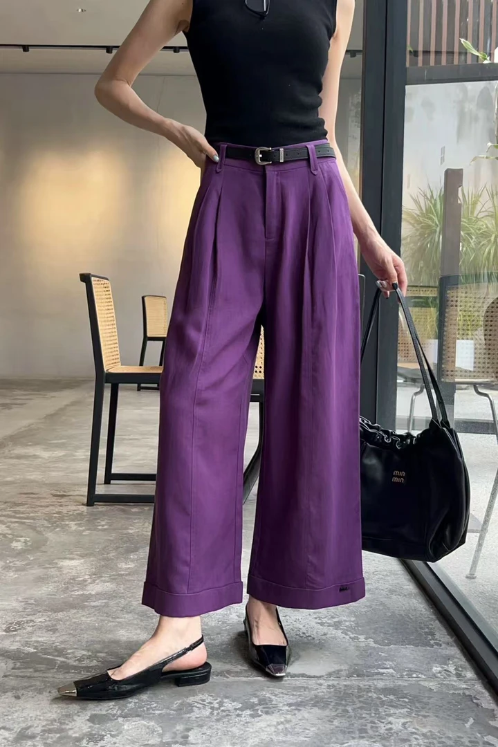 53676 微弹力高腰休闲裤夏季红色裤子百搭垂感长裤阔腿裤