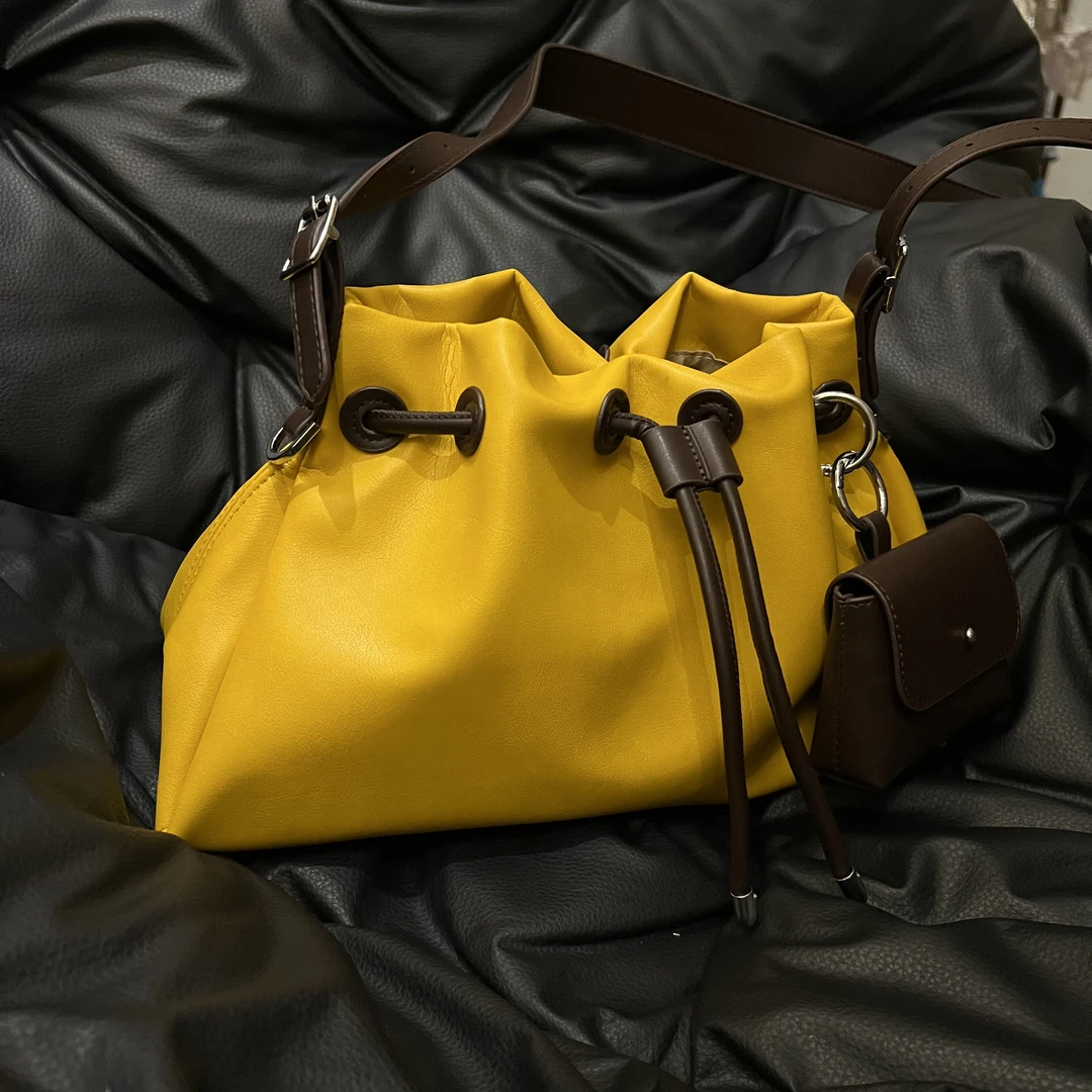 拼色日韩抽带单肩包斜跨包通勤百搭托特通勤小众黄色时尚休闲