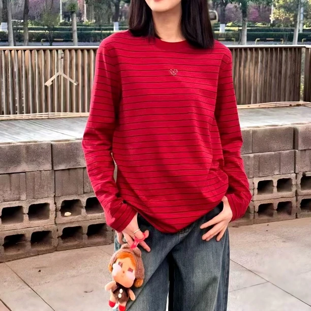 GIRDEAR/哥弟新款时髦休闲圆领百搭显瘦条纹打底上衣T恤1300866