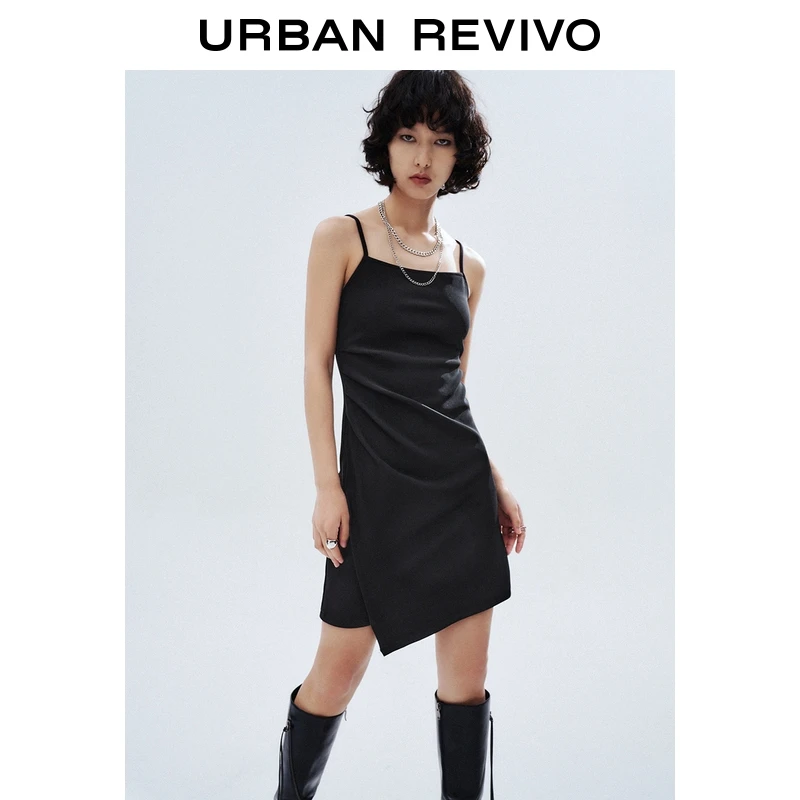【HOT】UR2025秋季新款女装不对称褶皱吊带连衣裙UYY750098