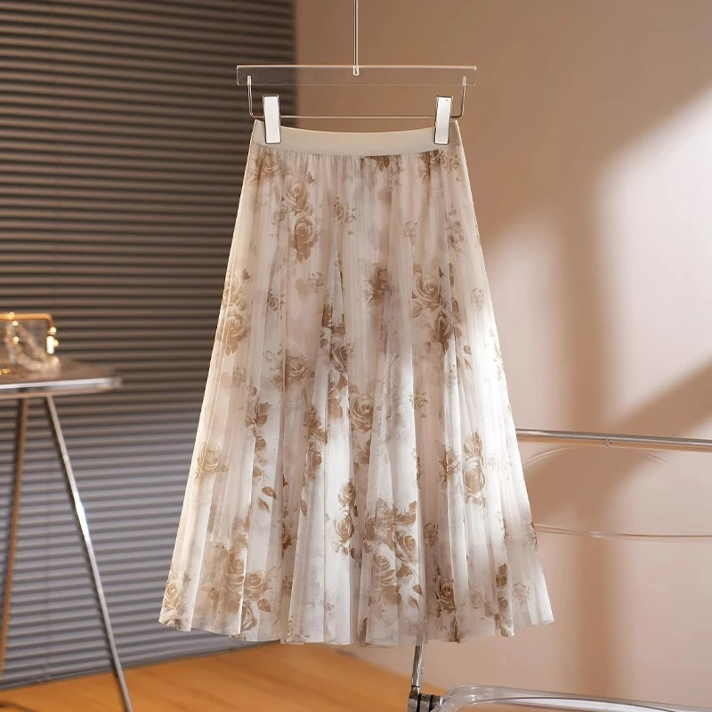 网纱碎花半身裙女2025夏新款复古高腰遮胯显瘦印花a字百褶伞裙薄